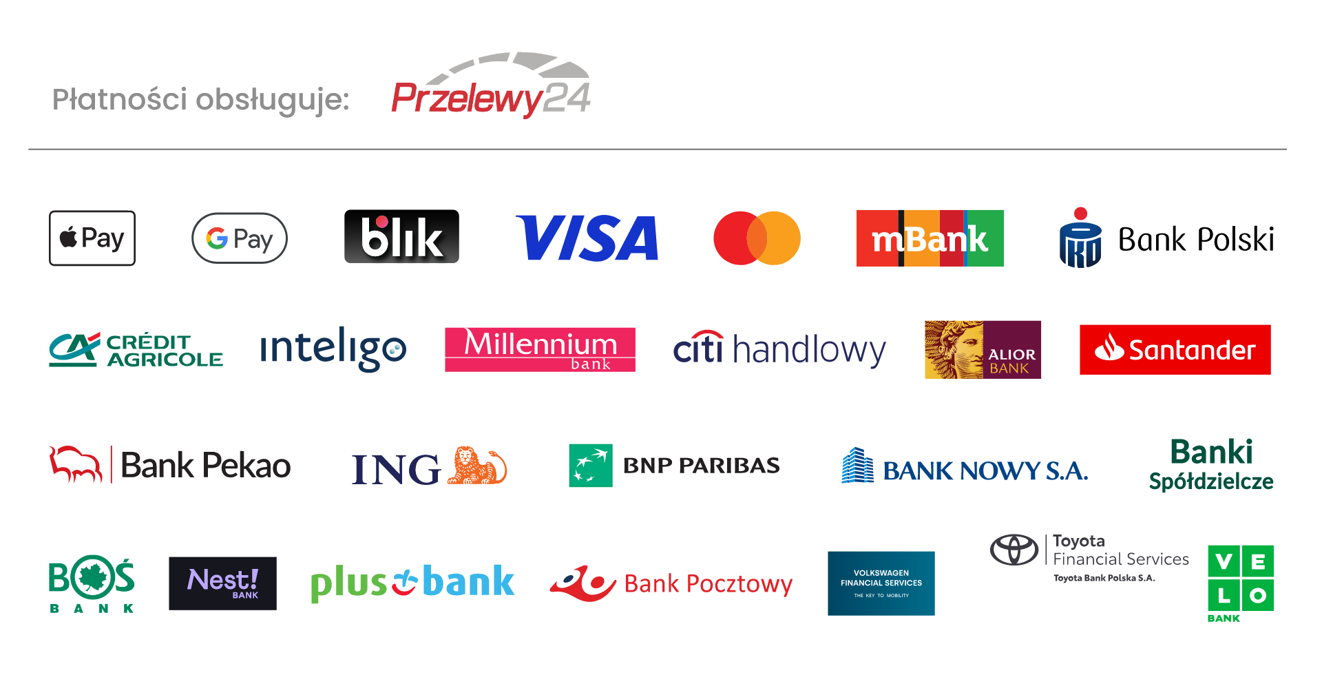 Metody płatności - Przelewy24, BLIK, Visa, Mastercard, Apple Pay, Google Pay